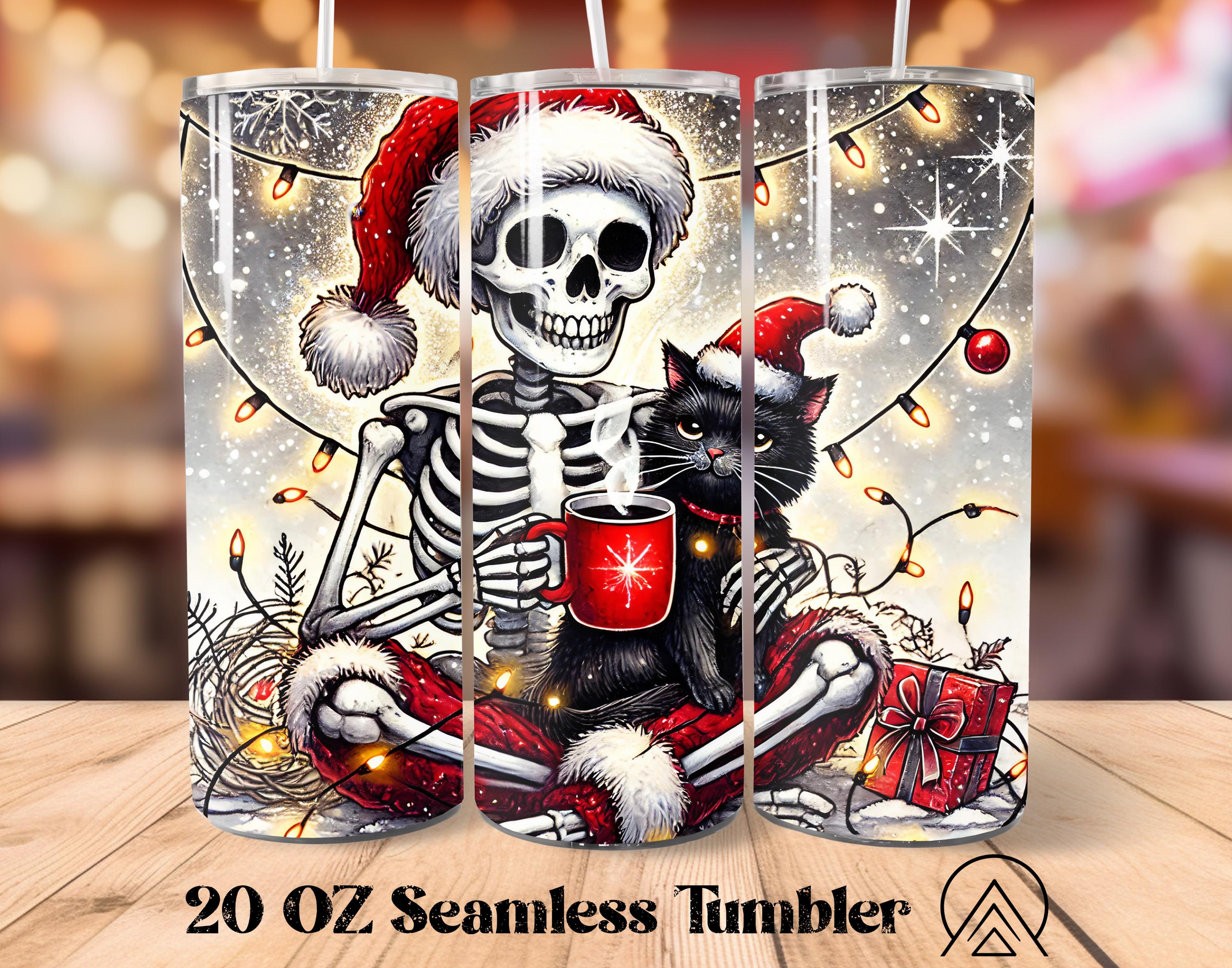 Funny Christmas Skull Seamless Tumbler Wrap Skeleton & Cat Tumbler