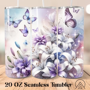 Emballage de gobelet transparent Lys blanc Sublimation de gobelet fleurs papillon, verres floraux PNG, cadeau pour elle, fichier numérique