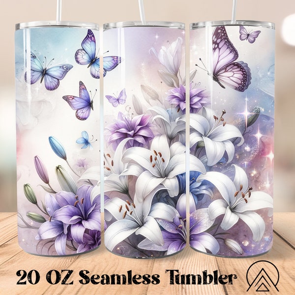 White Lily Seamless tumbler wrap Lily tumbler sublimation Butterfly Flowers tumbler designs, Florals Tumbler PNG, Gift for her, Digital file