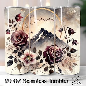 Capricorn Flower Seamless Tumbler Wrap Capricorn Zodiac Tumbler Zodiac Tumbler Designs Capricorn Floral Tumbler, Gifts for her, Digital file