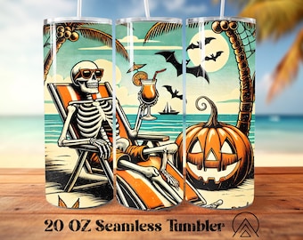 Summerween Seamless tumbler wrap Halloween tumbler designs Spooky Summer tumbler PNG Skeleton Summer Tumbler, Gifts for her, Digital files