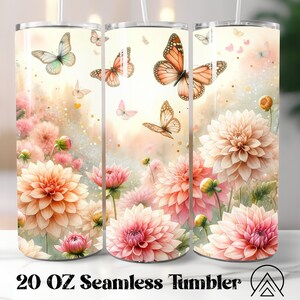 Naadloze beker wrap dahlia's lente beker sublimatie vlinder bloemen beker ontwerpen bloemen beker png, cadeaus voor haar, digitale bestanden
