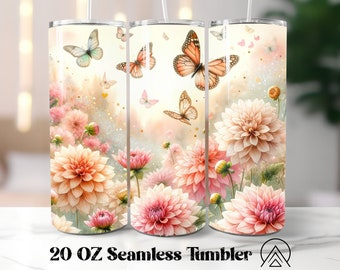 Dahlias Seamless tumbler wrap Spring tumbler sublimation Butterfly Flowers tumbler designs Florals Tumbler PNG, Gifts for her, Digital files