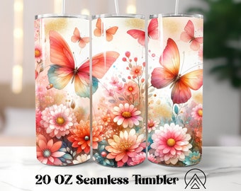 Dahlias Seamless tumbler wrap Spring tumbler sublimation Butterfly Flowers tumbler designs Florals Tumbler PNG, Gifts for her, Digital files
