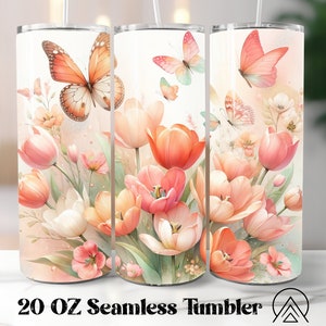 Tulp Naadloze tuimelaar wrap Lente tuimelaar sublimatie Vlinder Bloemen tuimelaar ontwerpen Florals Tumbler PNG, Cadeaus voor haar, Digitale bestanden