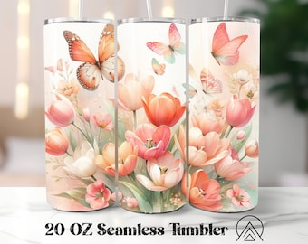 Tulip Seamless tumbler wrap Spring tumbler sublimation Butterfly Flowers tumbler designs Florals Tumbler PNG, Gifts for her, Digital files