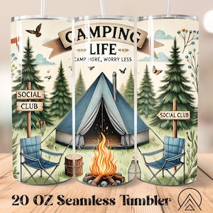 Gobelet de camping sans couture Gobelet de camping-car Sublimation Adventure Tumbler Designs Camp More Worry Less Tumbler, Cadeaux pour campeur, Fichiers numériques