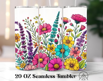 May include: Three 20 oz stainless steel tumblers with a white background and a colorful floral design. The flowers are pink, yellow, blue, and purple.