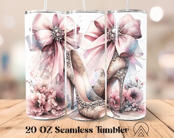 May include: A 20 ounce stainless steel tumbler with a pink and white design featuring a pair of high-heeled shoes with jeweled embellishments and a large pink bow. The design also includes pink flowers and pearls.