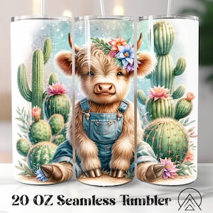 Highland Cow Seamless vaso envoltura Cowhide Western vaso sublimación Highland Cow Cactus diseños de vaso, Regalos para ella, Archivos digitales