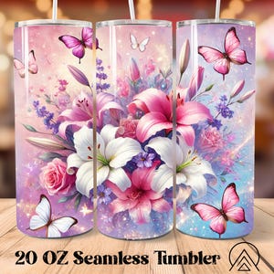 Lilie Nahtlose Becher wickeln Frühling Becher Sublimation Schmetterling Blumen Becher Designs Florals Becher PNG, Geschenke für sie, digitale Dateien