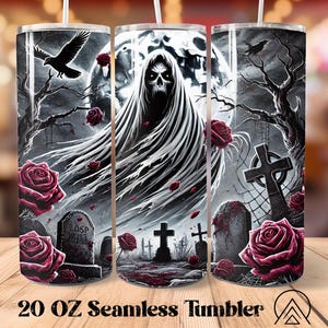 May include: A 20 oz seamless tumbler with a spooky Halloween design. The design features a grim reaper, roses, tombstones, and a crow against a gray and black background. The tumbler has a white straw.
