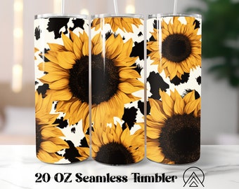 Sunflower Cow Print 20oz Sublimation tumbler designs Cowhide Straight & Tapered tumbler wrap files