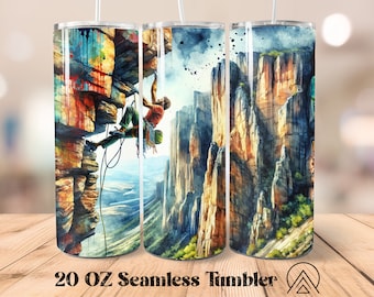 May include: A 20 oz seamless tumbler featuring a watercolor illustration of a rock climber ascending a cliff face. The design includes vibrant colors and a scenic mountain landscape. The tumbler has a white straw.