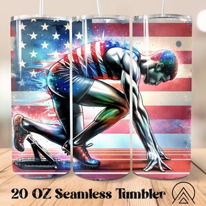 May include: A 20 oz stainless steel tumbler with a design of an athlete in a starting position on a running track. The design features a watercolor effect with an American flag background.