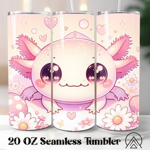 Kawaii Axolotl Envoltura de vaso sin costuras, Sublimación de vaso lindo Axolotl, Diseños de vaso Axolotl Daisy, Vaso Daisies PNG, Archivos digitales