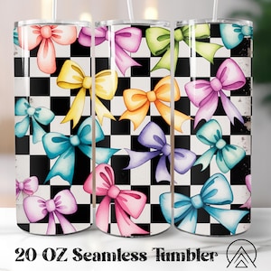 Retro Bow Checkered Seamless Tumbler Wrap, Ribbon Pattern Tumbler, Retro Ribbon Tumbler Design, Bow Checkered, Gifts for her, Digital files