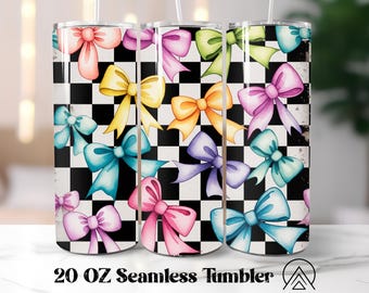 Retro Bow Checkered Seamless Tumbler Wrap, Ribbon Pattern Tumbler, Retro Ribbon Tumbler Design, Bow Checkered, Gifts for her, Digital files