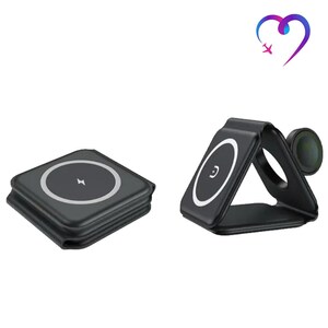 May include: Two black wireless charging pads. One is flat and the other is a foldable stand with a ring holder.