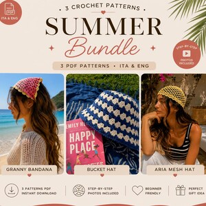 Può includere: Un pacchetto digitale di tre schemi all'uncinetto intitolato Summer Bundle, che include una bandana granny rosa e gialla, un cappello a secchiello a scacchi blu e bianco e un cappello a rete giallo. Include foto passo dopo passo in inglese.