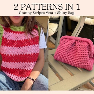 Può includere: Un gilet all'uncinetto a righe rosse, rosa e verdi, abbinato a una borsa all'uncinetto rosa coordinata. Il gilet presenta un motivo a righe e la borsa è in tinta unita. Il testo recita "2 PATTERNS IN 1" e "Granny Stripes Vest + Shiny Bag."