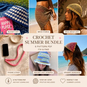 May include: A crochet summer bundle featuring six patterns including a blue and white checkered bucket hat, a tan mesh pareo, a yellow mesh hat, a pink phone strap, a multicolored striped bucket hat, and a pink and yellow granny bandana.