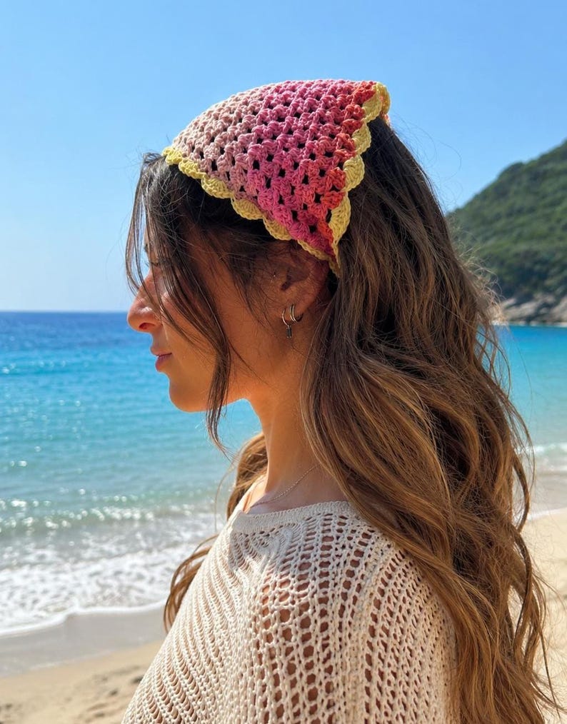 Scalloped Granny Head Scarf crochet bandana pattern listing photo by WoolyGang