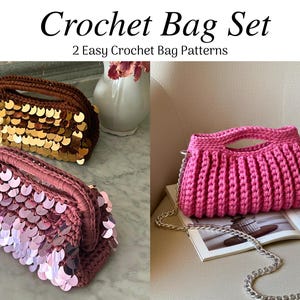 Può includere: L'immagine mostra un set di borse all'uncinetto con due semplici modelli di borse all'uncinetto. Le borse sono in vari colori, tra cui una borsa marrone con paillettes dorate, una borsa rosa con tracolla a catena e una borsa rosa con paillettes. Il testo "Crochet Bag Set" è in alto.