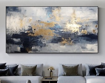 Original Gold Foil Oil Painting On Canvas, Abstract Black Concise Painting, Large Wall Art, Custom Minimalist Painting, Living Room Decor