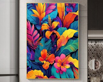 Fleur botanique abstraite, peinture à l'huile sur toile, peinture originale de décoration végétale, décoration de chambre à coucher, grande oeuvre d'art murale moderne et colorée