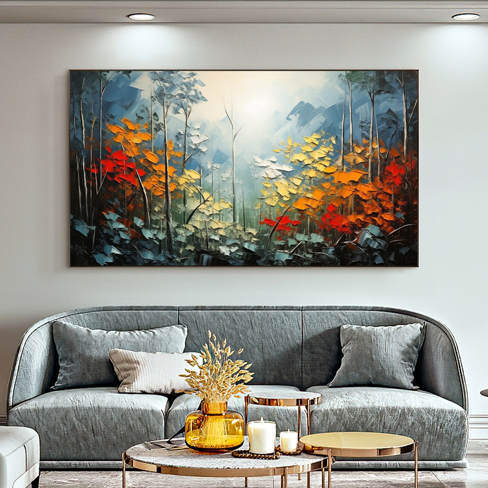 Abstract Forest Landscape Oil Painting on Canvas, Original Colorful ...
