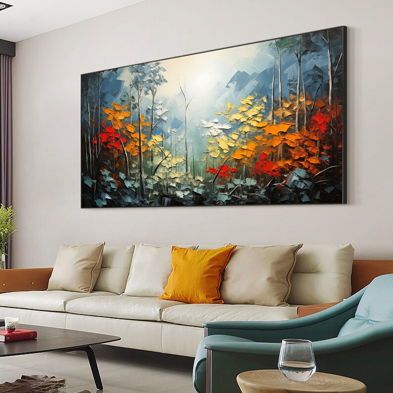 Abstract Forest Landscape Oil Painting on Canvas, Original Colorful