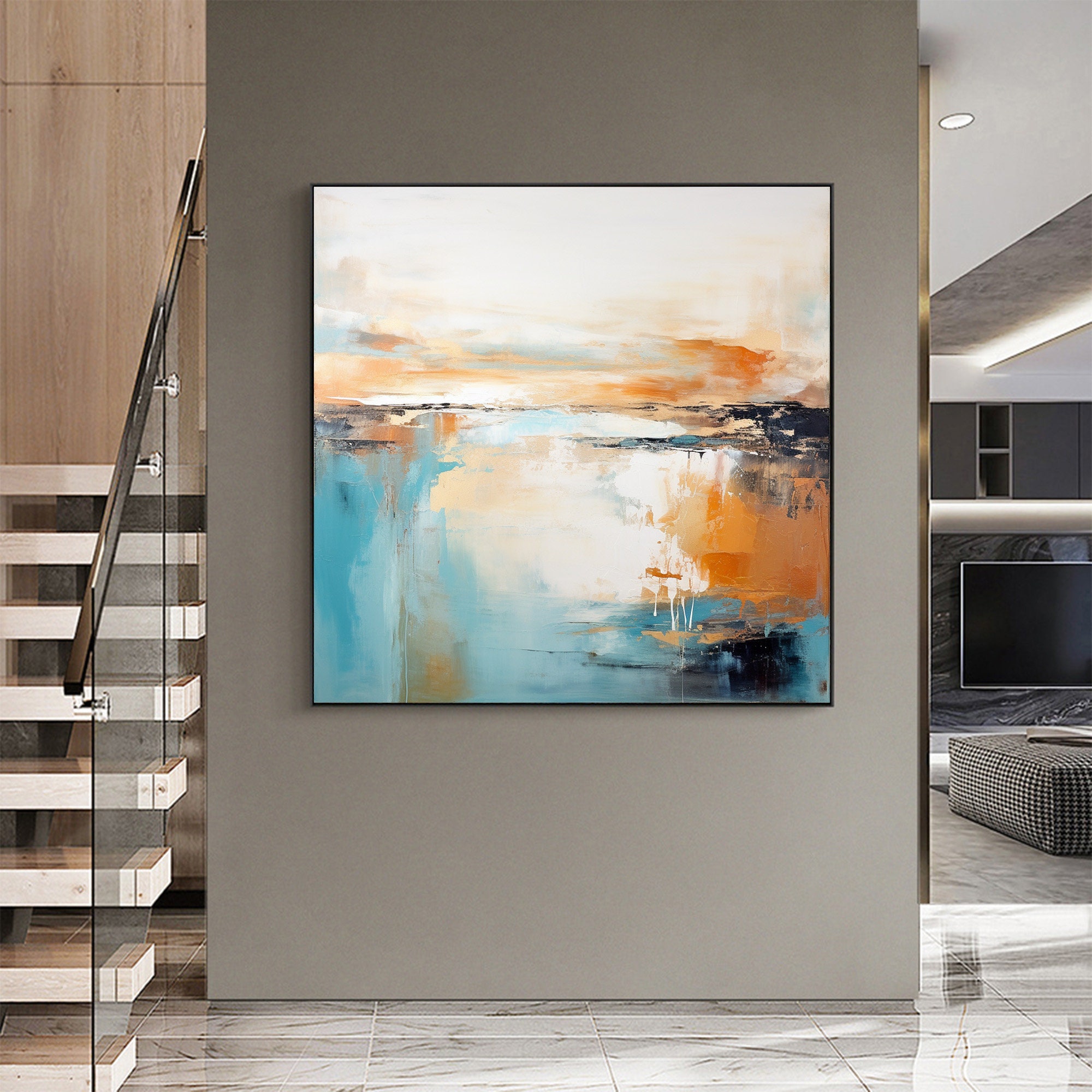 Original Blue Orange Oil Painting On Canvas Abstract Ocean Wall Photo Inspiration