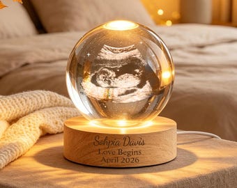 Veilleuse boule de cristal à ultrasons personnalisée, souvenir échographie de bébé, cadeau de révélation de grossesse, veilleuse de chambre de bébé, cadeau de baby shower