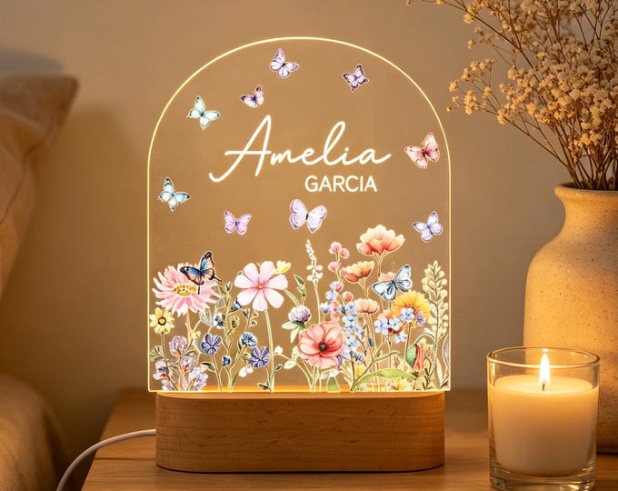 Custom Floral Butterfly Name Night Light,Personalized Flower Garden Night Lamp,Birthday Gift,Bedroom Bedside Light,Nursery Decor,Easter Gift