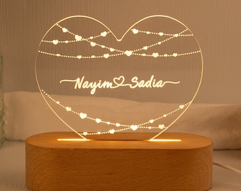Luz de noche personalizada con regalo de aniversario, nombre y fecha personalizados, regalo de boda, regalo de San Valentín, regalo para ella, regalo de compromiso.