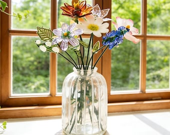 Handmade Glass Birth Month Flower,Personalized Stained Flower Bouquet Glass Gift,Gift For Her,Birthday Gift for Mom/Grandma,Home Decor