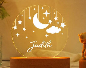 Luz de noche personalizada de luna y estrellas, luz de noche de nubes, luz de noche con nombre, lámpara para dormitorio de bebé, regalo para recién nacido, regalo para baby shower, lámpara para habitación de bebé