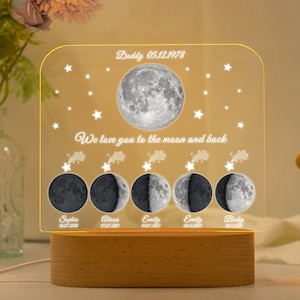 Veilleuse phase de lune personnalisée, plaque acrylique personnalisée lune, cadeau premier père pour papa, lampe dector lune à LED, cadeau La nuit de notre rencontre