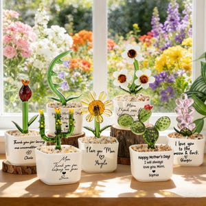 Può includere: Una collezione di sculture floreali in vetro in vasi quadrati bianchi, ognuna con un design e un messaggio unici. I fiori includono un tulipano rosso, un cactus e margherite, disposti su basi di legno.