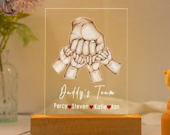 Custom Daddy&#39;s Team Fist Bump, Father&#39;s Day Gift For Dad Lamp, Personalized Acrylic LED Night Light, Gift For Grandpa, For Husband Plaque