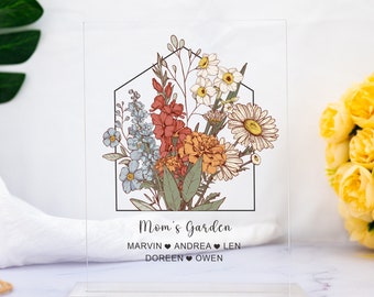 Fleur de naissance personnalisée Plauqe, cadeau fête des mères, plaque bouquet de famille, support de jardin grand-mère, plaque acrylique transparent, cadeau d'anniversaire pour grand-mère