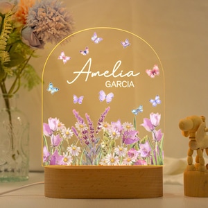 Custom Floral Butterfly Name Night Light,Personalized Flower Garden Night Lamp,Birthday Gift,Bedroom Bedside Night Light,Nursery Decor