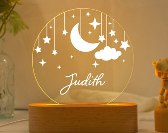 Luz nocturna personalizada de luna y estrella, luz nocturna de nubes, luz nocturna de nombre, lámpara de dormitorio para bebés, regalo para recién nacidos, regalo de baby shower, lámpara de guardería