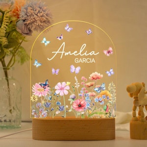 Custom Floral Butterfly Name Night Light,Personalized Flower Garden Night Lamp,Birthday Gift,Bedroom Bedside Light,Nursery Decor,Easter Gift