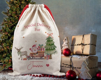 May include: A beige Christmas gift bag with a red drawstring. The bag features a watercolor illustration of Santa Claus on a sleigh, a reindeer, and a Christmas tree. The text "Special Delivery For Joanna" is printed on the bag.
