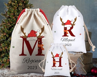 Personalised Santa Sack, Name and Initial Sack, Christmas Hat and Baloon Style Christmas Bag, Gift for Xmas, Custom Sack for Kids, Xmas Gift