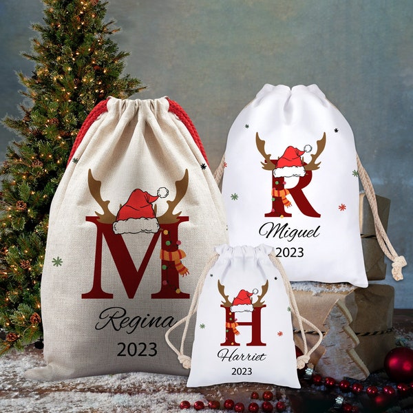 Personalisierter Weihnachtssack, Name und Anfangssack, Weihnachtsmütze und Ballon-Weihnachtstasche, Geschenk für Weihnachten, Benutzerdefinierter Sack für Kinder, Weihnachtsgeschenk