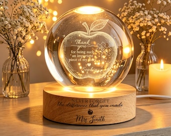 Lampada notturna a sfera di cristallo personalizzata per ringraziare gli insegnanti, lampada notturna a LED a forma di mela, regalo personalizzato di ringraziamento per gli insegnanti, regalo di fine anno per gli insegnanti