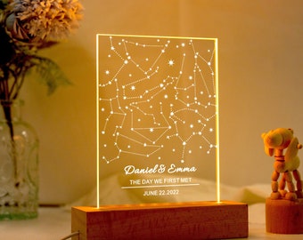 Carte des étoiles personnalisée par date, veilleuse de carte des étoiles, cadeau d'anniversaire pour couple, lampe de carte constellation, ciel nocturne par date, cadeau de fiançailles